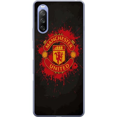 Kompatibelt Mobildeksel til Sony Sony Xperia 10 III Manchester United logo i rød og gul farge med røff sportslig bakgrunn