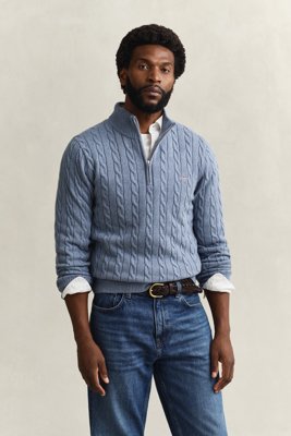GANT - Kabelstrikket genser med half-zip til herre faded denim