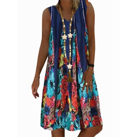 Print ärmlös A-linjeklänning med rund hals