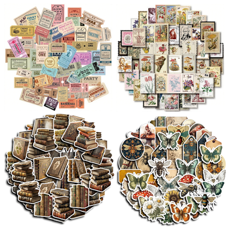 Vintage Papirklistremerker Sett - 400 stk for Journaler, DIY Håndverk (Porto, Skog, Bok, Billett Design)