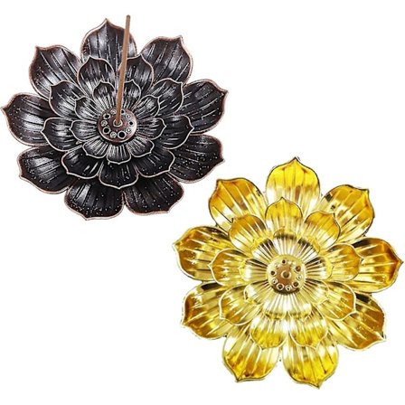 Sett med 2 Lotus Gullfarget Messingmetall Røkelseholdere med Askefanger Gave