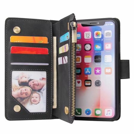 iPhone XS Max multifunktionelt pung etui Lynlås 8-rum Vinröd