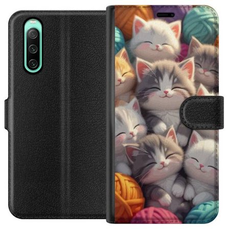 Yhteensopiva Lompakkokotelo Sony Xperia 10 IV Suloiset nukkuvat kissanpennut tiiviisti yhdessä värikkäiden lankakerien keskellä pehmeässä leikki