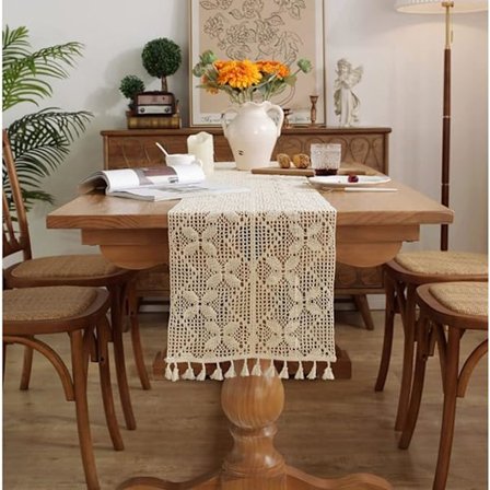 Hæklet bordløber med kvaster, landlig bomuldsblonde til borddekoration