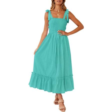 Kvinners sommer Boho spaghettistropp firkantet hals solid plisse A-linje strand