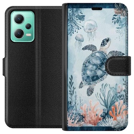 Yhteensopiva Lompakkokotelo Xiaomi Redmi Note 12 Akvarellimaalaus merikilpikonna korallien ja meduusojen joukossa rauhallisessa sinisessä vedenalaise