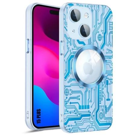 Cover til iPhone 15 Plus med magnetisk cirkel og glaskamerabeskyttelse, halvgennemsigtig hård skal, blåt kredsløbsmønster Blå