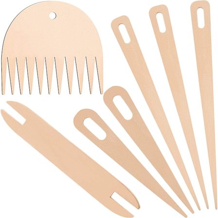 Sett med 7 vevepinner i tre, inkluderer 5 vevenåler i tre med skyttel, vevepinne og kam for DIY-håndverk