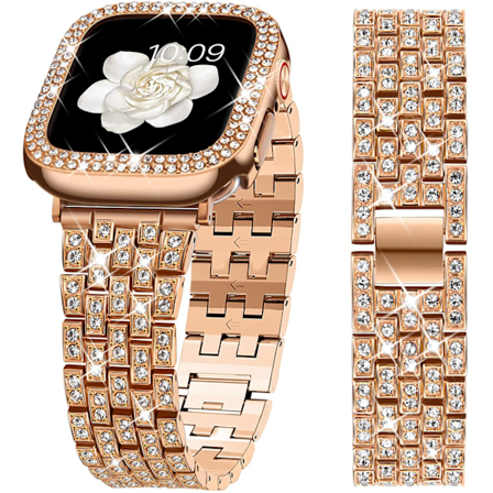 Yhteensopiva Apple Watch -ranneke kotelolla Series iwatch6/5/4/3/2/1, Bling Full Diamond Rhinestone Naiset Tyttö, Rosegold(40mm)
