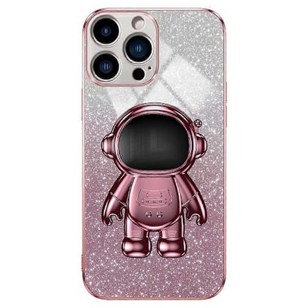 iPhone 16 Pro Max -kotelo astronautin jalustalla, PC+TPU-puhelinkuori, kiiltävä glitteri - musta
