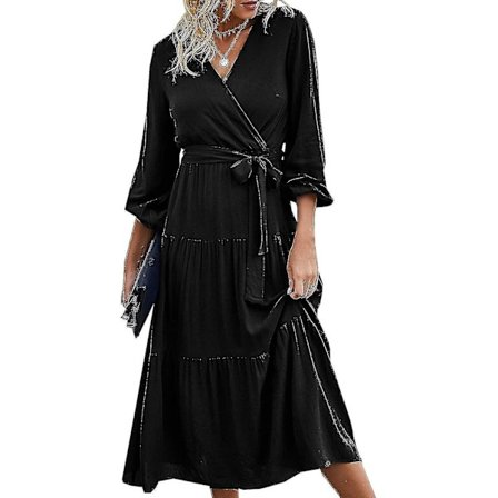 Women's Wrap V Neck Puff Long Sleeve Pleated Elegant Midi Dress With Belt And Snap-black(l)
