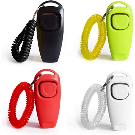 4 stk. hundeklikker 2 i 1 hundetræningsklikkerfløjte med håndledsrem og stor knap til hund, kat eller hest flerfarvet, 4 farver
