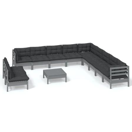 Vidaxl Loungegrupp Med Dynor 12 Delar Grå Massiv Furu Grå