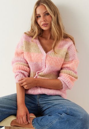 BUBBLEROOM - Knitted Cardigan - Light pink/Striped