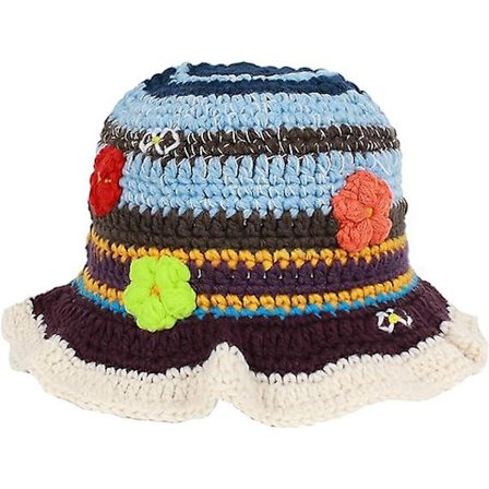 Hatt for kvinner og jenter - Strikket bøttehatt, stripete beanie, heklet fiskerhatt, vinter, casual, bøttehatt, 56-58 cm, blå