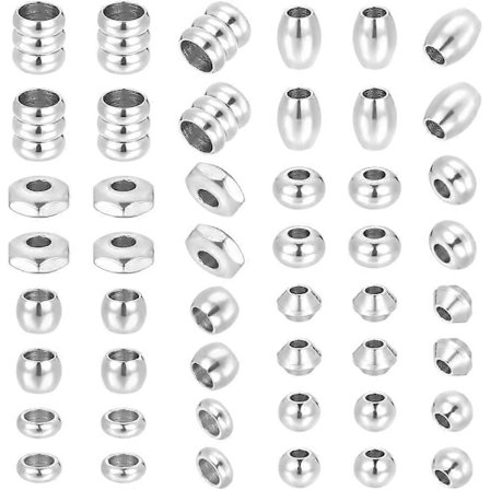160 stk. 8 stiler rustfritt stål avstandsperler 4-5 mm runde perler søyleperler løse perler rondelleperler tønneperler sekskantperler glatte perler 