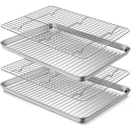 Bakeplate i rustfritt stål med ristsett [2 stekebrett + 2 rister], kakebrett med kjølerist, størrelse 40,6 x 30,5 x 2,5 cm, giftfri, kraftig og lett å