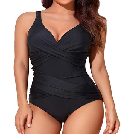 Magekontrollerende Badedrakt for Kvinner, Slankende Badedrakt i Ett Stykke, Retro Rynket Push-Up, Vintage Vattert Svart L L