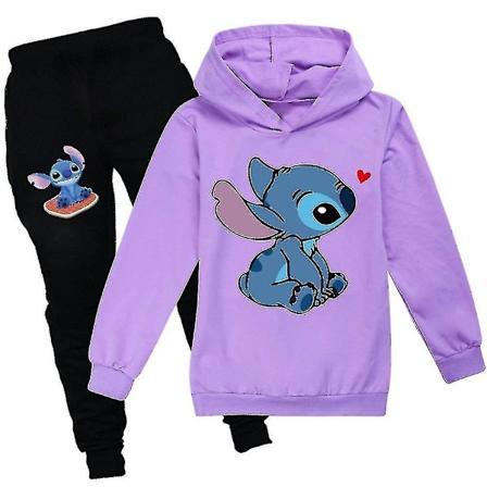 Børnetøj Stitch Tracksuit Hoodie Tops Hooded Sweashirt Joggers Bukser Sæt Outfits Tøj 11-16 År-Xin Purple 11-12 Years