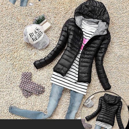 Varm vinterjakke med glidelås og hette for kvinner, langærmet