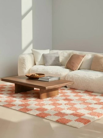 Geblokt Hoogpolig Vloerkleed Chessie - Koraalrood/Gebroken Wit 160X230 In Moderne Stijl