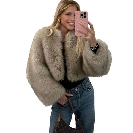 Dam vinterjacka i konstpäls, långärmad, kort modell