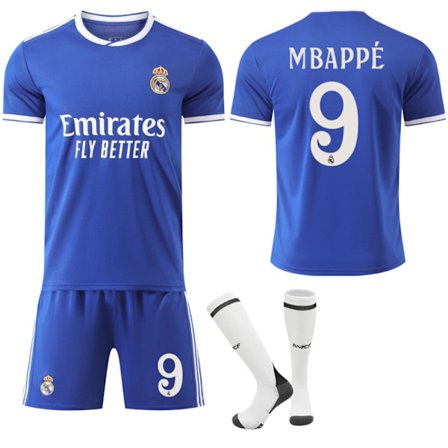 25-26 Real Madrid CF Bortedrakt Blå NO.9 MBAPPE Drakter Barn Voksen Fotballutstyr Med Sokker