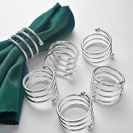 Hopeiset lautasliinarenkaat, spiraalinmuotoinen lautasliinapidike 6 kpl - hopea