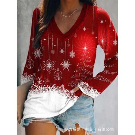 Uavhengig stasjon Ny europeisk og amerikansk jule-langarmet V-hals topp Casual løs Amazon Kvinneklær