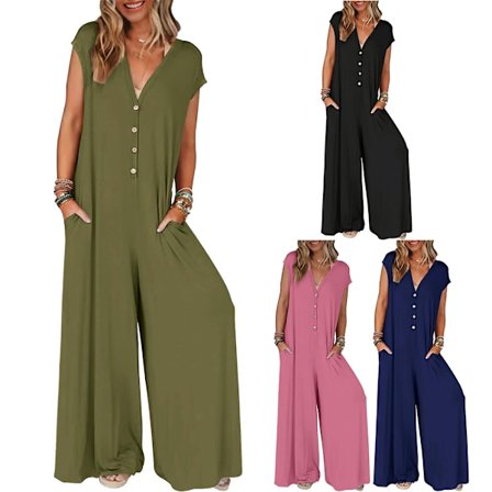 Kvinde 2024 Sommer Cap Sleeve Jumpsuits Dyb V-hals Knap Onesie Brede Ben Klædning Rompers M Pink