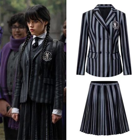 Onsdag Addams Costume Girls School Uniform Dress Suit for Kid