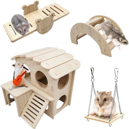 Sæt med 4 trælegetøj til hamster, hamsterlege inklusive hamsterhus