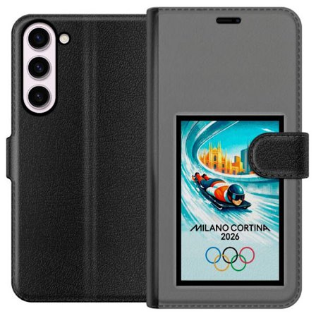 Yhteensopiva Lompakkokotelo Samsung Galaxy S23+ Dynaaminen kelkkailija tai skeleton-ajaja jääkanavalla Milanon Cortina 2026 kanssa, kaupunkinäkymä ja