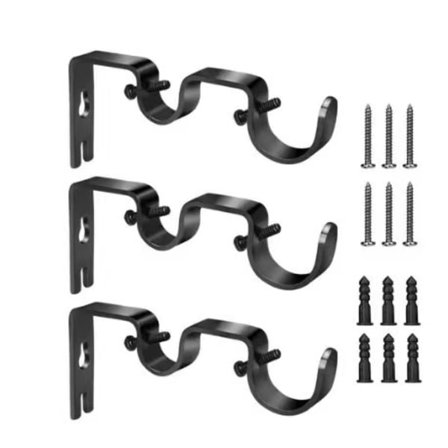 Set med 3 svarta dubbla gardinstångsbeslag Dubbla gardinstångsbeslag med skruvar och pluggar för att säkra en gardinstång