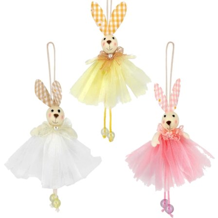 Färgglada hängande påskdekorationer - Påskharar med kjolar för påskris och barnpyssel