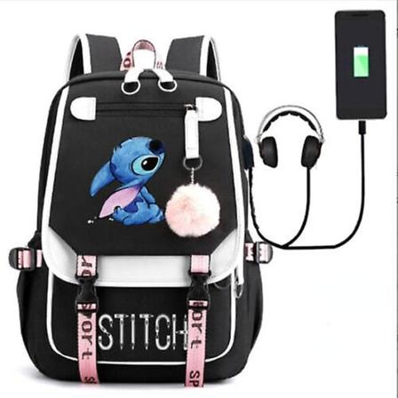 Lilo & Stitch -reppu pojat ja tyt t koululaukku USB-matkareppu Black