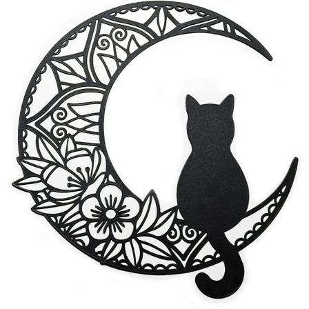 Svart katt och måne väggkonst, månfas väggkonst, svart katt på månen väggpediment för kattälskare