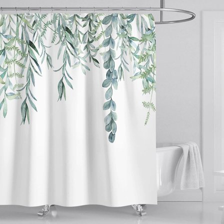 Duschdraperi Vattentät Mögelbeständig Badgardin Polyester Grönt Blad Växttryck Tvättbar med 12 C-Krokar för Hem Badkar Duschkabin (180CM x