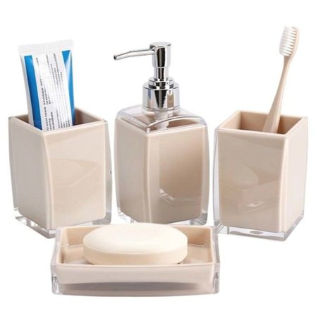 Sæt Badeværelsestilbehør 4 stk. Sæbedispenser, Glas og Sæbeskål Beige