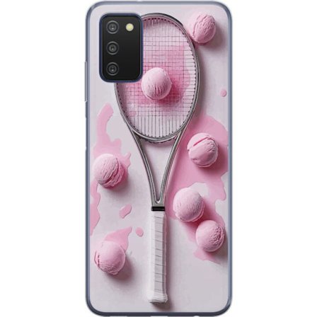 Kompatibel Mobilcover til Samsung Samsung Galaxy A03s Rosa glaskugler og tennisketsjer i et kreativt stillbillede med legende popfølelse og moderne d