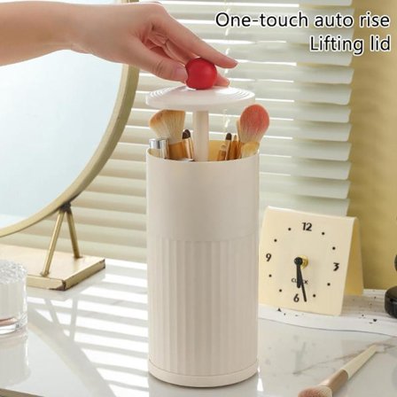 Automatisk løftende makeupbørsteholder, vandtæt og støvtæt makeupbørstekop til rejser med låg (cremet)