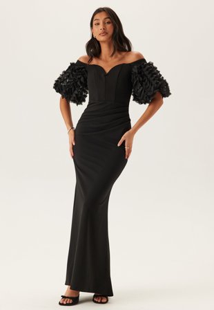 Goddiva - Bardot Ruffle Sleeve Maxi Dress - Black