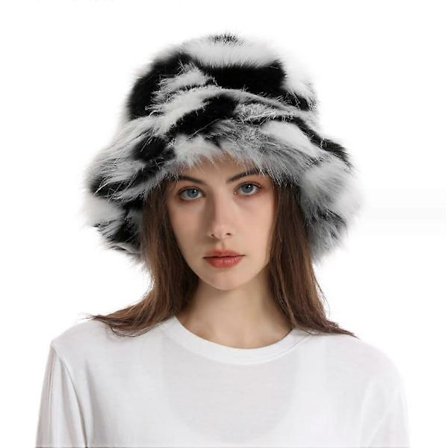 Elegant Fluffy Dame Hinkhat Vinter Faux Pels Fuzzy Varm Hue Blandet Farve Plys Fiskehat Justerbar, Sort og Hvid