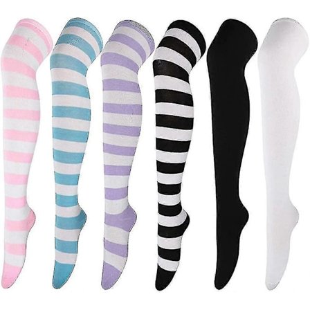 6 Par Höga Lårstrumpor Randiga Över Knä Tunna Tights Långa Strumpor Knähöga