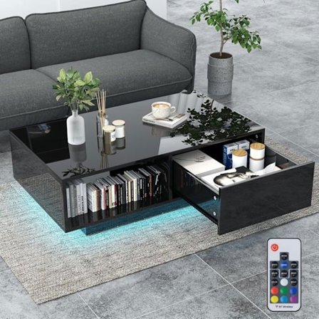 COSTWAY Sofabord - LED Lyskilder 20 Farver - 95 x 55 x 31 CM - LED Sofabord med Stort Skuffe og Rum - Sort