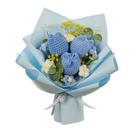 Strikket blomstergarnbukett BLÅ