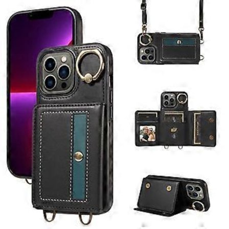 007 iPhone 13 Pro Skal Läder+TPU Telefonfodral med Ringhållare Kortfack (Stil A)