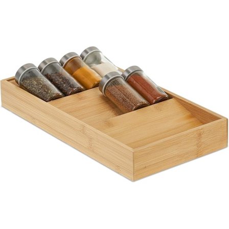 Relaxdays vaakasuora maustehylly, 3 hyllyä, KLS: 5 x 20 x 38 cm, mausteiden järjestäjä keittiön laatikkoon, mausteteline, luonnollinen