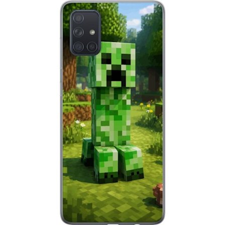 Kompatibelt Mobilskal till Samsung Samsung Galaxy A71 Block-baserad Creeper-figur i en grön pixell värld, ikonisk spelillustration för barnrum, gam