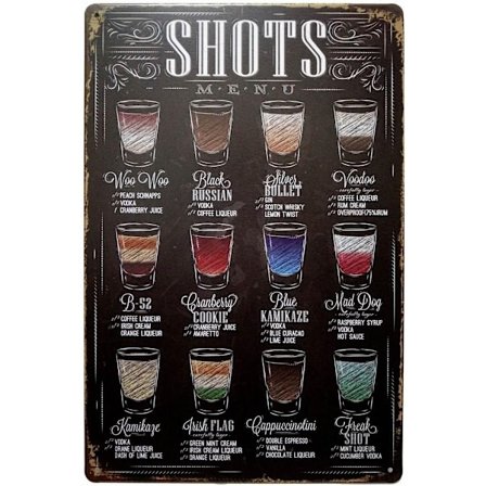 Shots Meny Retro Vintage Bar Metallskylt Poster Ptyle Väggkonst Pub Bar Dekor 12 X 8